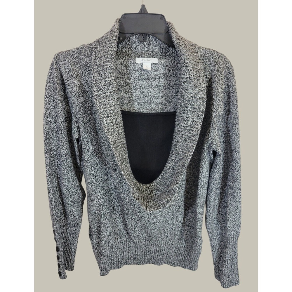 Dressbarn Sweater Cowl Neck Marled Knit Button Sleeve Casual Minimalist Gray XL